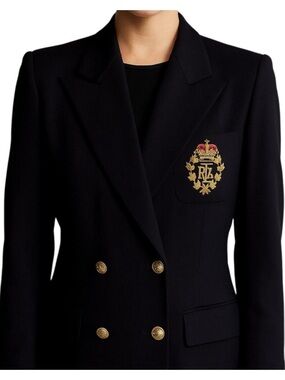 Ralph Lauren Women's Double Breasted Crown Crest Logo Blazer Navy Wool